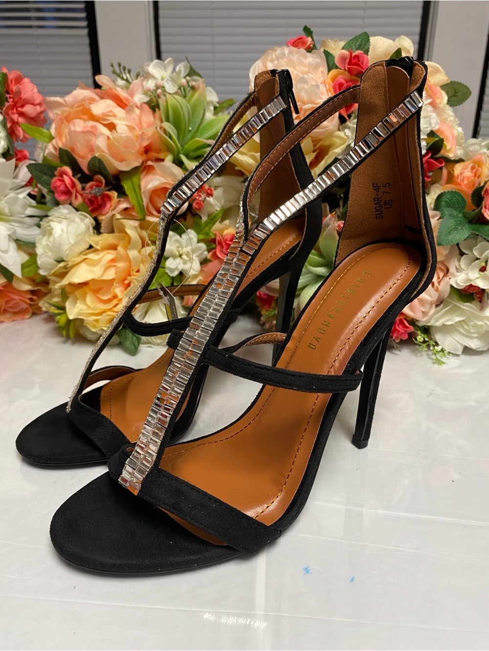 NEW Fashion Nova Avianna Jeweled Black Stiletto Heels 7.5 - FLAWED